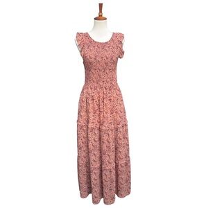 Melloday Women’s XL Floral Paisley Smocked Tiered Lined Peach Maxi Dress